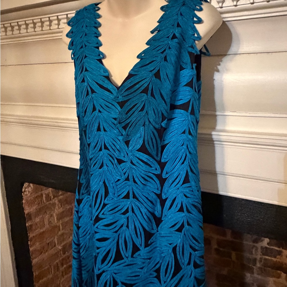 JS Collections Blue Leaf Pattern Sleeveless Cocktail Dress Sz 12